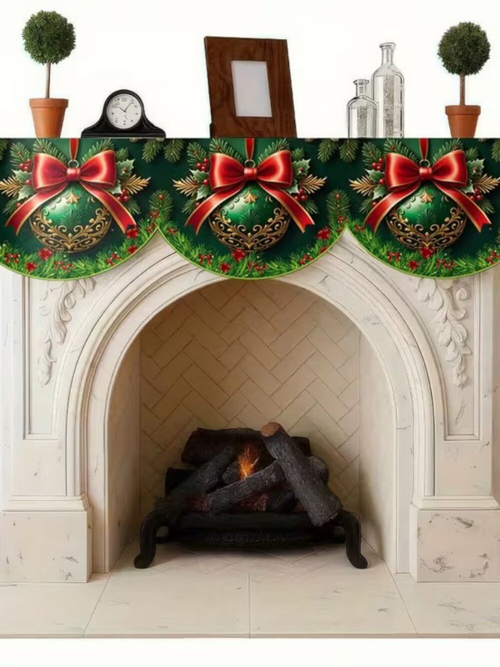 20x79 Festive Holiday Christmas Fireplace Decor Green with Red Bow